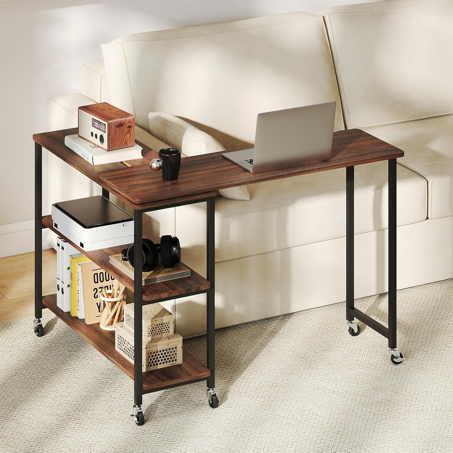 Desk Setup Maker - 360 ° โต๊ะข้างหมุนได้ 2 ชั้น พร้อมล้อเลื่อน