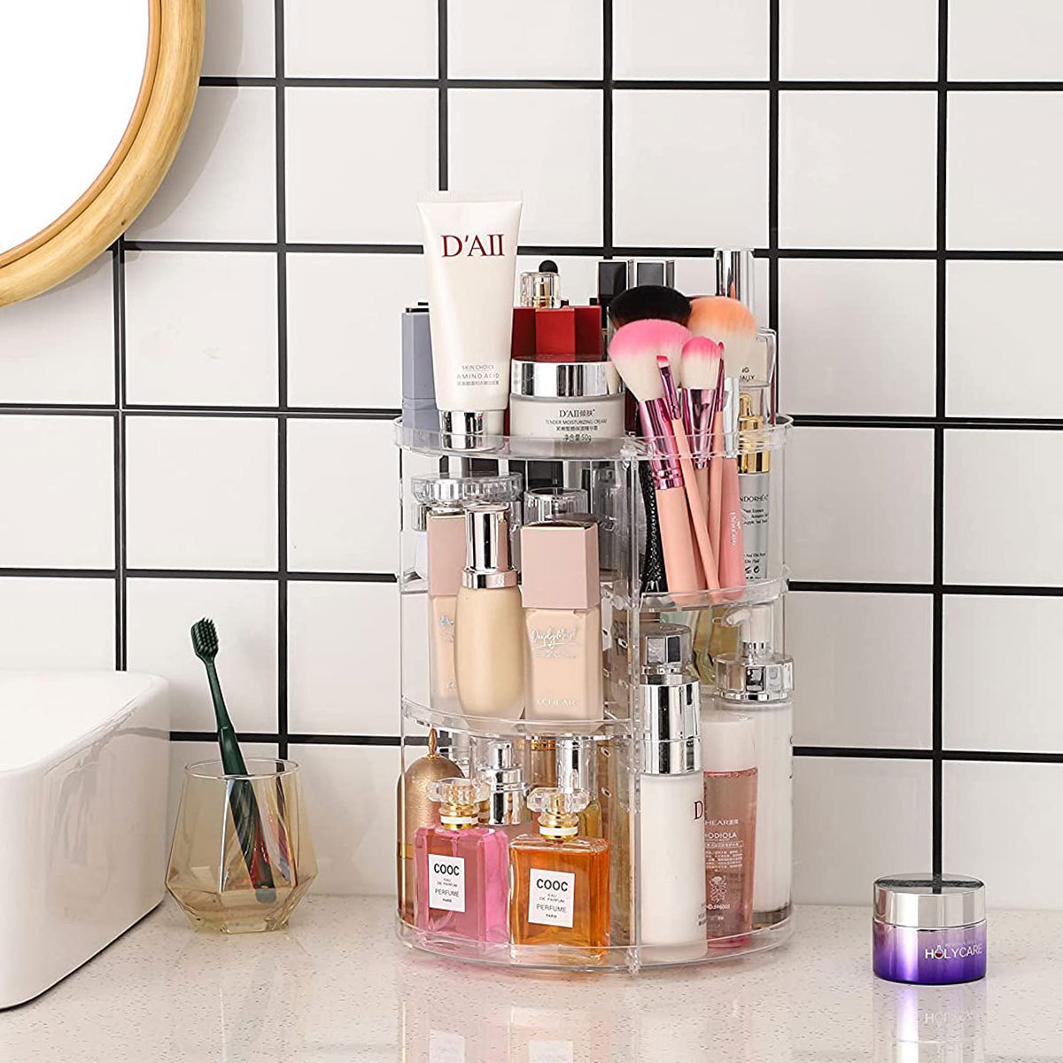 Desk Setup Shelves - ชั้นวางเครื่องสำอางหมุนได้ 360 องศา (พร้อมชั้นวางปรับระดับได้) — ตู้เก็บเครื่องสำอางแบบไม่ใช้ไฟฟ้า