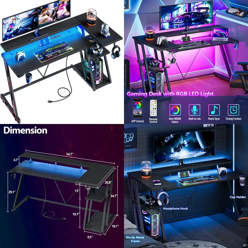 Desk Setup Black And Wood - โต๊ะเกมมิ่งรูปตัว L ทำจากคาร์บอนไฟเบอร์สีดำ พร้อมไฟ LED ช่องเสียบปลั๊กไฟ
