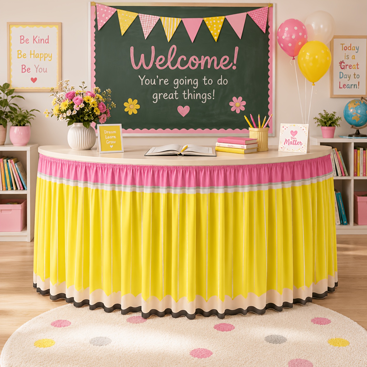 Yellow Desk Setup - กระโปรงโต๊ะเขียนหนังสือลายดินสอ 1 ชิ้น สำหรับกลับไปโรงเรียน ลายดินสอสีเหลืองและดีไซน์ด้านบนสีชมพู