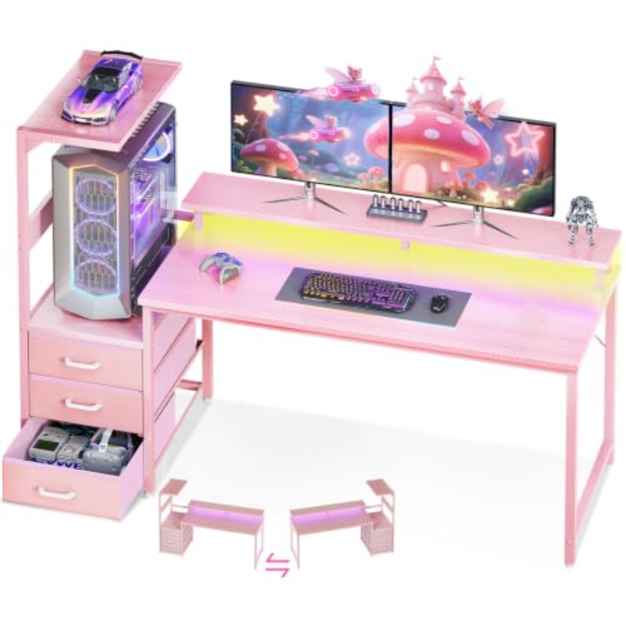 Desk Setup Black And Wood - โต๊ะเกมมิ่งพร้อมชั้นวางคอมพิวเตอร์สำหรับการตั้งค่าคอมพิวเตอร์, ทำจากไม้ MDF, สีดำ, พื้นผิวปรับเปลี่ยนได้ 59