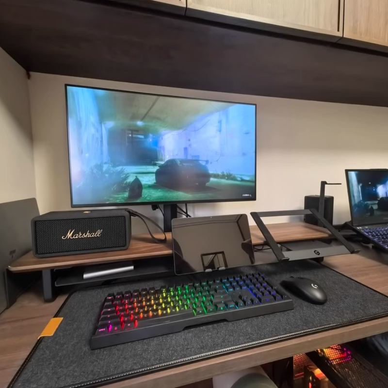 Desk Setup Black And Wood - ขาตั้งจอภาพแบบแยกส่วน ที่วางอุปกรณ์จัดระเบียบโต๊ะทำงานตามหลักสรีรศาสตร์ สีดำ อุปกรณ์เสริมสำหรับการตั้งค่าเกม ชั้นวางเก็บของสำหรับจอคอมพิวเตอร์