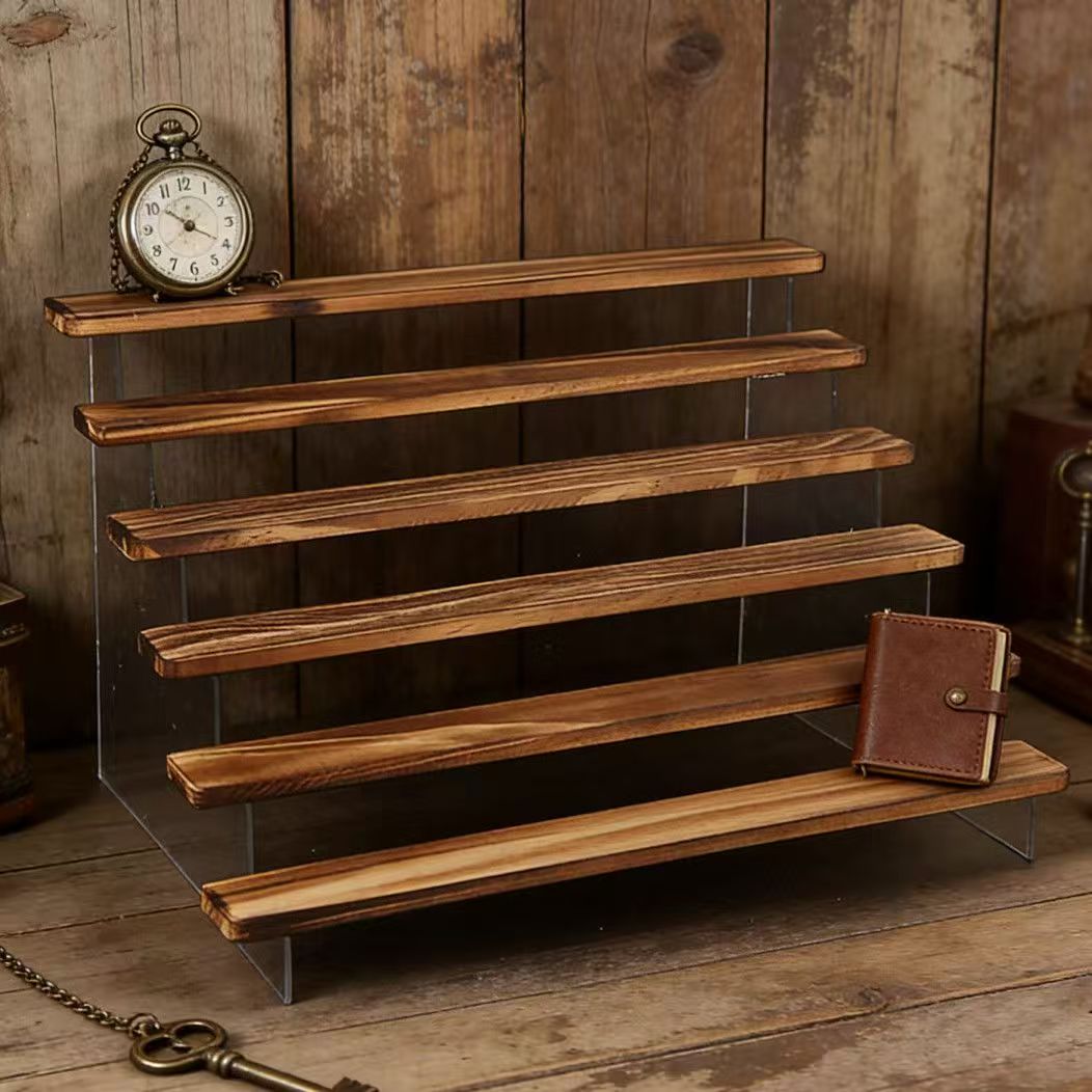 Desk Setup Shelves - ชั้นวางของอะคริลิคแบบขั้นบันไดสีดำไหม้, ชั้นวางของเล่นแบบกล่องอะคริลิค 2-6 ชั้น, ที่วางของบนโต๊ะ, ชั้นวางโชว์เครื่องสำอาง
