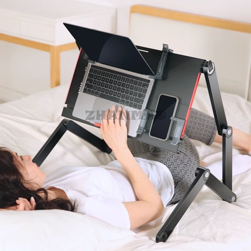 Desk Setup Pc - นอนเรียบบนเตียง, โต๊ะแล็ปท็อป, ขาตั้งแท็บเล็ตแบบพับได้, ปรับได้และเคลื่อนย้ายได้, โต๊ะเขียนหนังสือสําหรับโต๊ะโต๊ะนอน