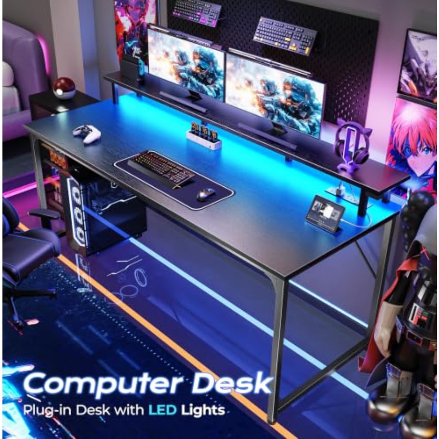 โต๊ะเกมมิ่งพร้อมไฟ LED และเต้า - Desk Setup Black And Wood บทวิจารณ์และราคา
