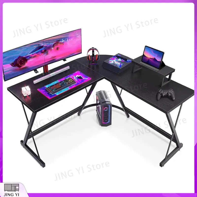 โต๊ะเล่นเกมรูปตัว L พร้อมขาตั้ - Desk Setup Black And Wood บทวิจารณ์และราคา