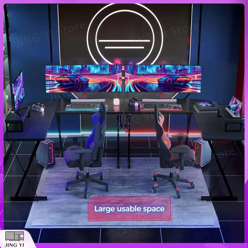 โต๊ะเล่นเกมรูปตัว L พร้อมขาตั้ - Desk Setup Black And Wood บทวิจารณ์และราคา